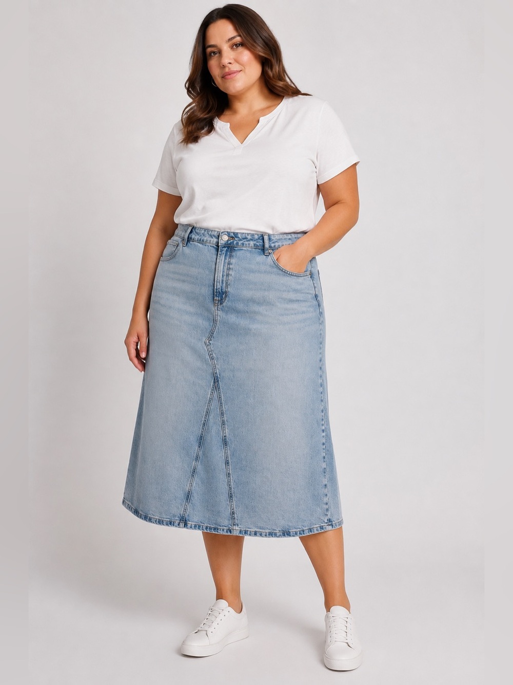 Reitmans Womens Size 36 18 Light Wash Denim Midi Jean Skirt A-Line high rise